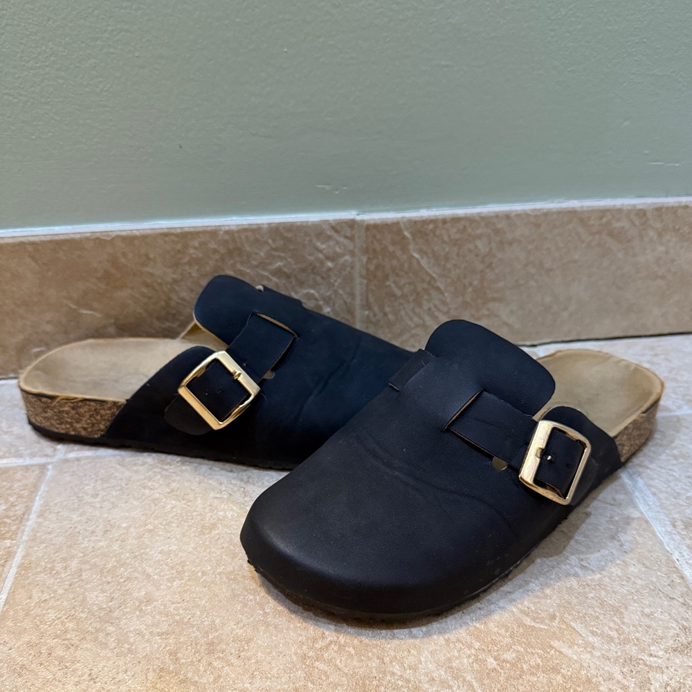 Black Slip-On Clogs with Gold Buckles